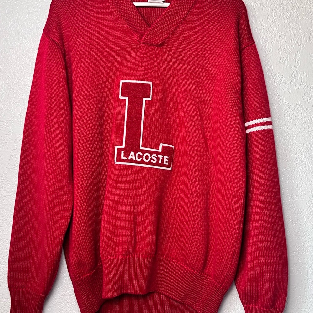 Lacoste Men's Varsity Vintage V-Neck Pullover Red Sweater Size 7